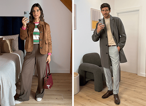 Deux créateurs présentant leurs looks OUTFITTERY devant le miroir